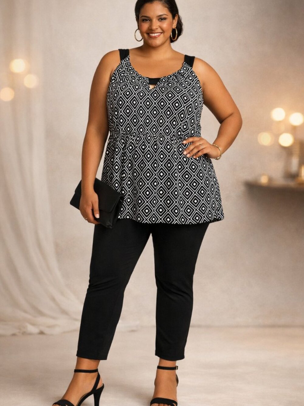 Studio 1940 Sleeveless Black and White Diamond Pattern Tunic Top Blouse  18/20W